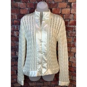 MODA INTERNATIONAL women’s Cardigan Sweater Size M ivory long sleeve satin trim